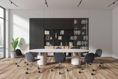 Konferans masası, dekorasyonlu raf ve ahşap döşemeli modern iş yerleri. Kuala Lumpur gökdelenlerinde minimalist mobilyalar ve panoramik pencerelerle buluşma alanı. 3B görüntüleme