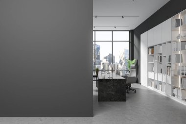 Karanlık ceo iç mekan, mermer masada bilgisayar monitörü, New York gökdelenlerinde panoramik pencere. Raflı minimalist danışmanlık işyeri. Boş duvar bölümlerini kopyala. 3B görüntüleme
