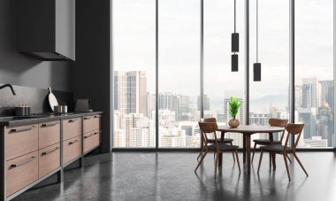 Gri duvarları, beton zemini, rahat, koyu ahşap dolapları ve panoramik pencereli sandalyeleri olan yuvarlak yemek masası. 3d oluşturma