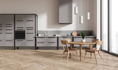 Beyaz duvarları, ahşap zemini, sobası, lavabosu ve ocağı olan gri dolapları ve sandalyeli yuvarlak yemek masası olan modern mutfağın içi. 3d oluşturma