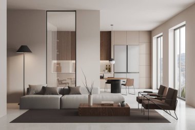 Şık bir otel stüdyosu. Koltuğu ve koltuğu var. Süslü kahve masası. Bölme arkasında yemek ve pişirme alanı kırsal alanda panoramik pencere. 3B görüntüleme