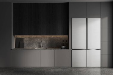 Dolap, buzdolabı ve minimalist mutfak gereçleri olan karanlık bir ev mutfağı. Modern dairede aletleri olan minimalist yemek pişirme alanı. 3B görüntüleme