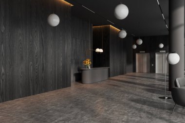 Gri ve koyu ahşap duvarları, beton zemini, çiçekli rahat gri resepsiyon tezgahı, iki asansörü ve koltuğu olan şık bir otel köşesi. 3d oluşturma