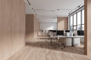 Ahşap iç mekan, ofis koltukları ve masa üzerinde bilgisayar, ahşap zemin. New York gökdelenlerinde rafı ve panoramik penceresi olan şık bir çalışma alanı. 3B görüntüleme