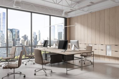 Modern workplace interior with pc desktop on table, armchairs on light concrete floor. Corner view of coworking space with wooden shelf drawers, panoramic window on New York skyscrapers. 3D rendering clipart
