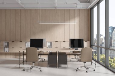 Ahşap iç mekan, masa üzerinde bilgisayar masası, hafif beton zeminde koltuklar. New York gökdelenlerinin panoramik penceresi ve raf çekmeceleri olan şık bir çalışma alanı. 3B görüntüleme