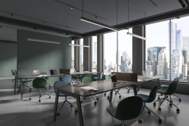 İçi koltuklarla, masası laptopla, yan tarafı gri beton zeminle kaplı. Modern mobilyaları olan minimalist iş köşesi. New York gökdelenlerinin panoramik penceresi. 3B görüntüleme