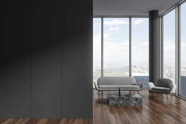 Gri duvarları, ahşap zemini, rahat gri koltuğu ve mermer sehpanın ve panoramik pencerenin yanında duran koltuğu olan şık ofis bekleme odasının içinde. Soldaki duvarı düzenle. 3d oluşturma