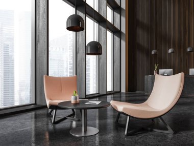 Lüks resepsiyon masası koltukları ve kahve masası olan rahat bir yer, panoramik pencereye yakın bilgisayarlı yan görüş masası. Ofiste ya da otel lobisinde bekliyor. 3B görüntüleme