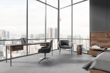 Gri ve koyu ahşap duvarları, beton zemini, panoramik pencerenin yanında dizüstü bilgisayarı ve köşesinde koltuğu olan şık bir yatak odası. 3d oluşturma