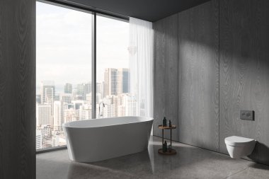 Karanlık ev banyosu, banyo küveti, aksesuarlı yan masa, yan görüş. Kuala Lumpur 'da duvarda asılı tuvalet ve panoramik pencere olan minimalist banyo köşesi. 3B görüntüleme