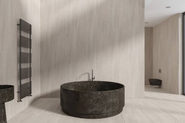 Modern banyo, bej duvarlar, fayanslarla döşenmiş zemin, büyük taş yuvarlak küvet ve arka planda tuvalet. Spa tesisi ve rahatlama. 3d oluşturma