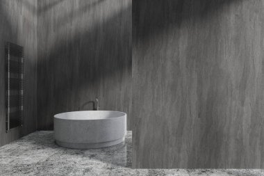 Lüks otel banyosu. Yuvarlak küvet ve korkuluklu. Koyu granit döşemeli. Modern banyo alanı ve boş fotokopi duvarı bölümü. 3B görüntüleme