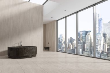 Modern banyo, bej duvarlar, fayanslarla döşenmiş zemin, büyük taş yuvarlak küvet ve arka planda tuvalet. Şehir manzaralı panoramik pencere. Spa tesisi ve rahatlama. 3d oluşturma
