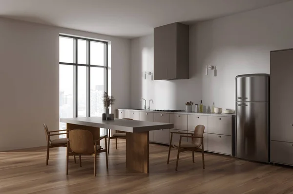 风格新颖的家庭厨房内部 配有餐桌和椅子 侧观烹饪角落 配有橱柜 冰箱和厨房用具 巴黎摩天大楼的全景窗户 3D渲染 — 图库照片