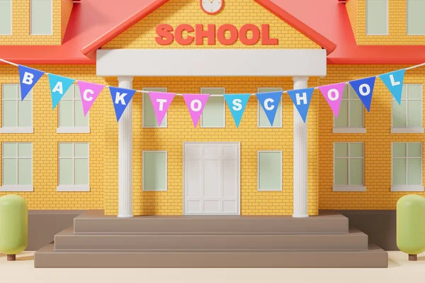 Desenhos Animados Edifício Vermelho Amarelo Com Bandeiras Volta Para Escola — Fotografia de Stock