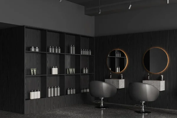 Black Wooden Beauty Salon Interior Mirrors Spinning Armchairs Row Grey — Stock Photo, Image