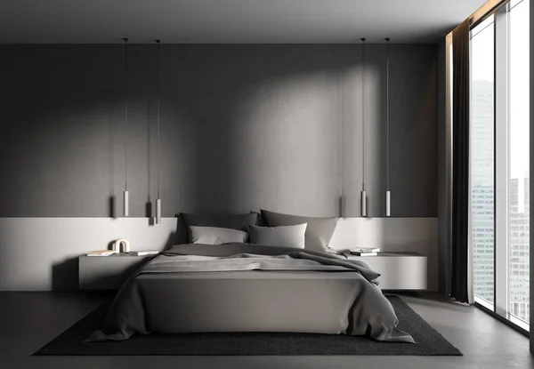 Dormitorio Oscuro Cama Interior Mesita Noche Con Decoración Alfombra Piso — Foto de Stock
