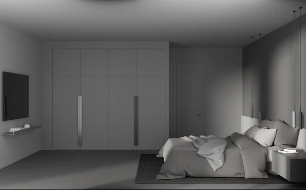 Dark bedroom interior bed and tv screen on the wall, nightstand with books and carpet on grey concrete floor. Relaxing space in hotel studio with invisible door. 3D rendering
