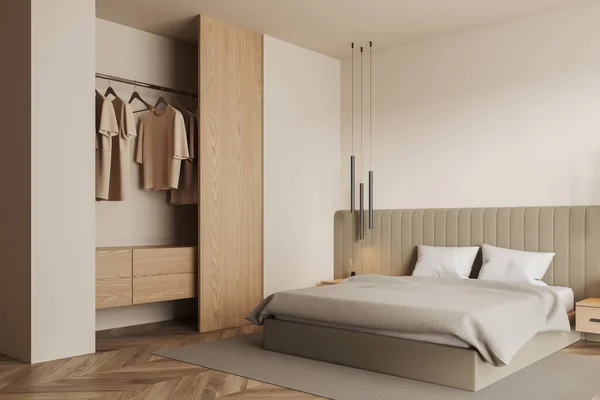 Corner Modern Bedroom Beige Walls Wooden Floor Comfortable King Size — Stock Photo, Image