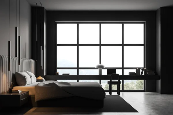 Dark Hotel Slaapkamer Interieur Bed Werkruimte Met Stoel Laptop Tapijt — Stockfoto