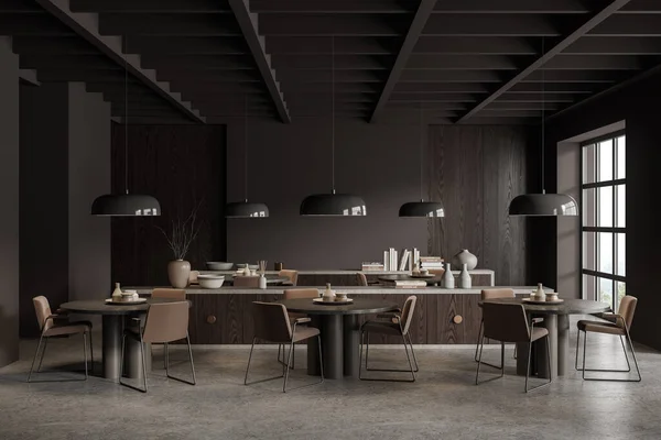 Interior Elegante Cafetería Con Paredes Madera Gris Oscura Suelo Hormigón —  Fotos de Stock