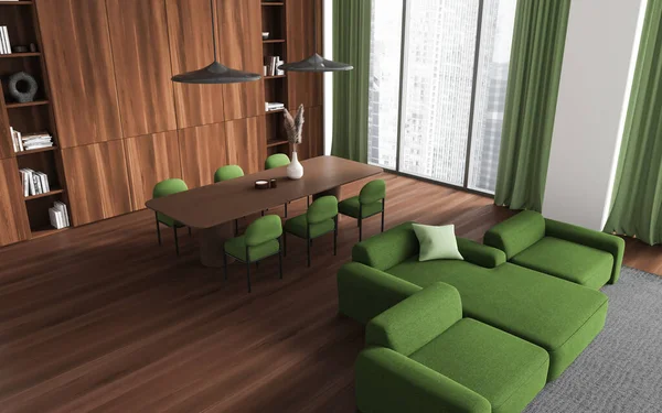 舒适的宾馆客厅 沙发和餐桌 绿色椅子 书架和装饰的顶部视图 摩天大楼上的全景窗户 3D渲染 — 图库照片