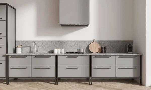 Modern Home Kitchen Interior Cabinet Sink Kitchenware Stone Deck Stove — Stock Photo, Image