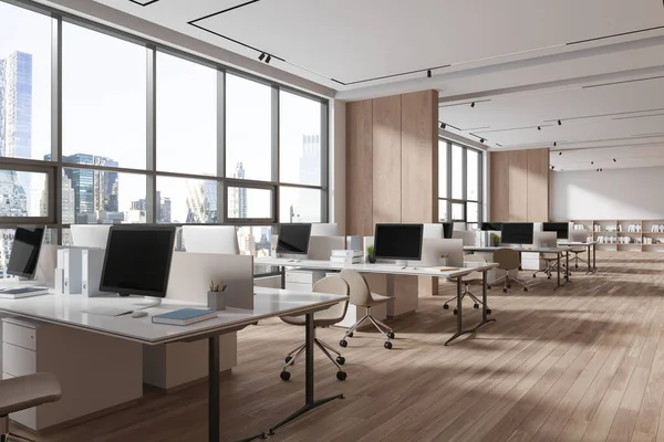 现代开放空间办公室的拐角处 有白色和木制墙壁 木制隔板和一排电脑桌 沿着全景窗户矗立着 3D渲染 — 图库照片
