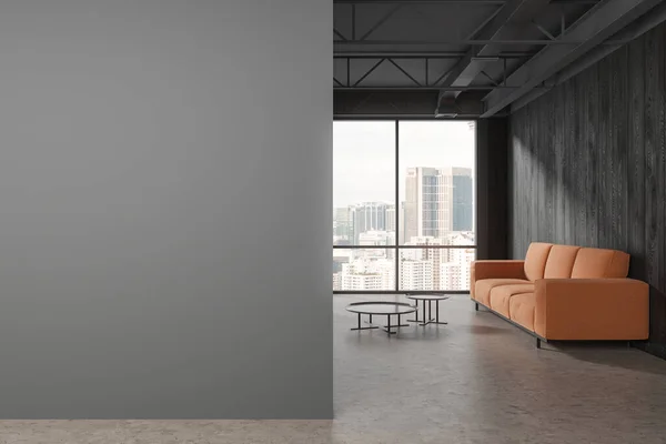 Dark Business Interior Orange Sofa Coffee Table Grey Concrete Floor — Stock Photo, Image