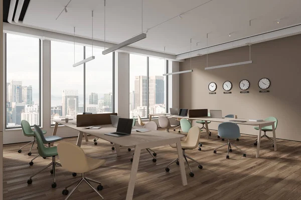 Interior Modern Open Space Office Beige White Walls Wooden Floor — Stock Photo, Image