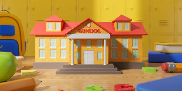 Cartoon Red Yellow School Building Books Backpack Blurred Yellow Lockers — Stock Photo, Image