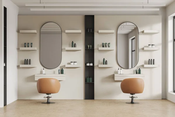 Stylish Beauty Salon Interior Spinning Armchairs Row Beige Concrete Floor — Stock Photo, Image
