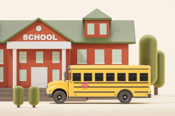 Cartoon Baksteen Schoolgebouw Met Gele Bus Groene Bomen Beige Achtergrond — Stockfoto
