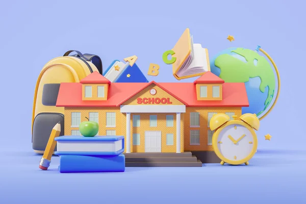 Cartoon colorful school building with books and huge backpack, earth globe with alarm clock on blue background. Concept of education and knowledge. 3D rendering illustration