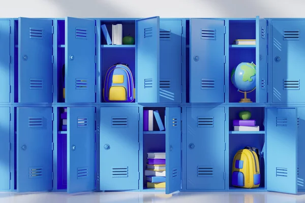 Fila Cacifos Escola Azul Com Portas Abertas Globos Mochilas Pilhas — Fotografia de Stock