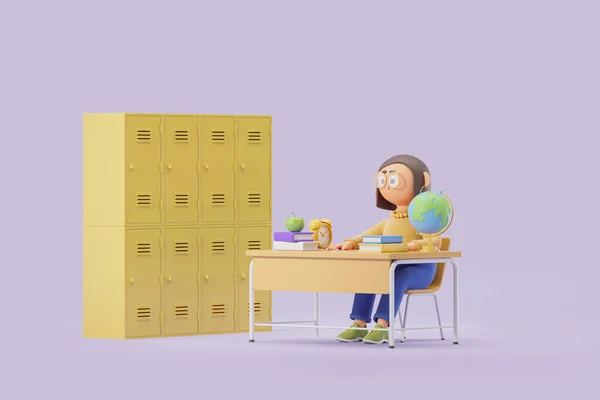 Cartoon Woman Character Teacher Sitting Desk School Books Accessories Yellow — Stock Photo, Image