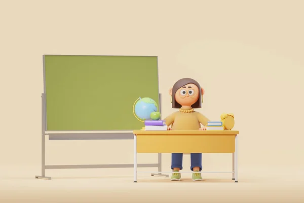 View of cartoon woman school teacher with brown hair sitting at desk with books, apple, globe, big alarm clock and green chalkboard over beige background. Back to school concept. 3d rendering