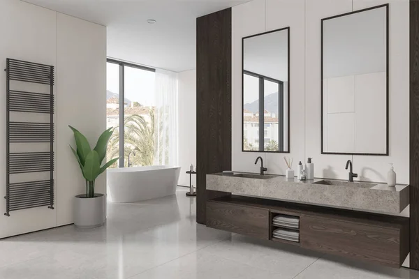 Corner Modern Bathroom White Wooden Walls Tiled Floor Cozy White — Stock Photo, Image