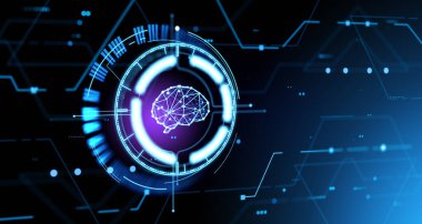 Bağlı dijital çemberleri ve tarama sistemi olan geleceği parlak bir beyin. Yapay zeka, nöroloji, yapay zeka. Biyoteknoloji ve araştırma kavramı. 3B resimleme