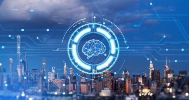 Geceleri New York silueti, yapay zekanın parladığı dijital hologramlar ve devre çizgileri. Küresel ağ ve bağlantı. İş süreci ve makine öğrenme kavramı