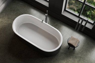 Koyu renkli banyo manzaralı küvet, aksesuarlar, gri beton zemin. Modern dairede banyo köşesi. Tropik bölgelerde panoramik pencere. 3B görüntüleme