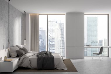 Beyaz ve beton duvarlı şık bir çatı katı, beton zemin, rahat bir kral yatağı ve şehir manzaralı büyük pencereli bir sandalyenin yanında duran beyaz masa. 3d oluşturma