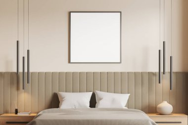 Modern yatak odasının içinde bej duvarlar, rahat kral yatağı, iki ahşap komodin ve yatağın üstünde asılı kare şeklinde poster. 3d oluşturma