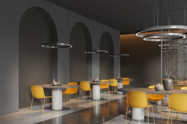 Gri kemerli duvarları, taş zemini, yuvarlak sıraları ve sarı sandalyeli oval masaları olan şık bir restoran. 3d oluşturma