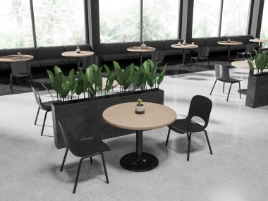 Gri duvarlı şık restoran manzarası tropikal taştan zeminli büyük pencereler yuvarlak masaların yanında duran rahat gri koltuklar ve gri sandalyeler. Çiçekli yataklar. 3d oluşturma