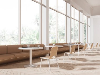 Minimalist kafenin içinde sandalyeler ve masalar, ahşap zemin. Tropik bölgelerde panoramik pencere boyunca kanepeli, beyaz, rahat kahveciler. 3B görüntüleme