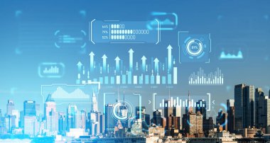 New York silueti ve dijital iş verilerinin çifte görüntülenmesi. Yüzdelik çemberle büyüyen oklar ve bar tablosu. İş araştırmaları, bilgi grafikleri ve geliştirme kavramı