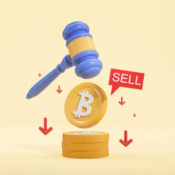 Montón Bitcoins Mazo Vender Signo Sobre Fondo Amarillo Bitcoin Precio — Foto de Stock