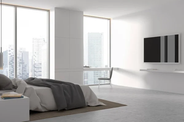 Elegant white home bedroom interior with bed and tv screen on the wall, side view table with chair near panoramic window on skyscrapers. Chill space in modern apartment. 3D rendering